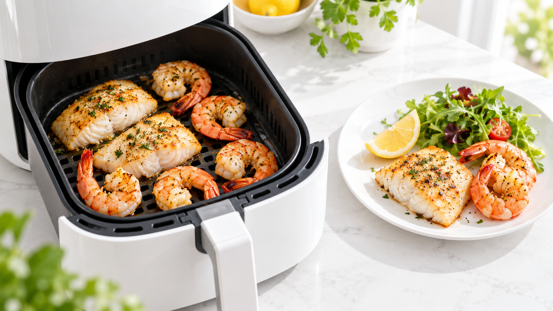 Bright air fryer with juicy white fish portions and prawns beside a plated seafood meal