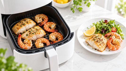Bright air fryer with juicy white fish portions and prawns beside a plated seafood meal