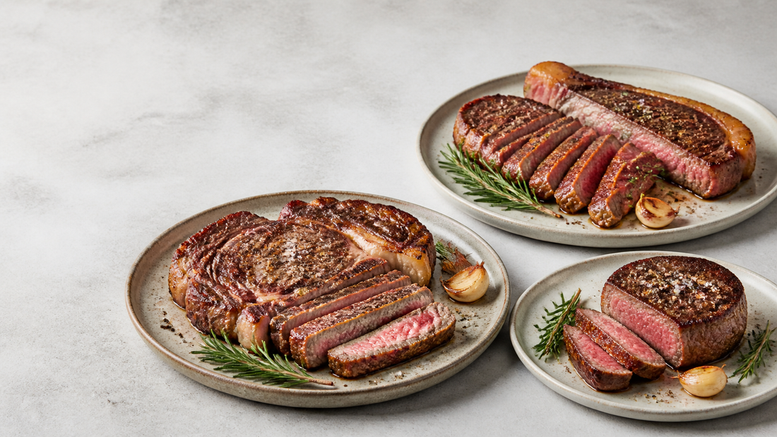 Ribeye, striploin, and tenderloin steaks seared and sliced on ceramic plates