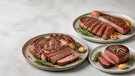 Ribeye, striploin, and tenderloin steaks seared and sliced on ceramic plates