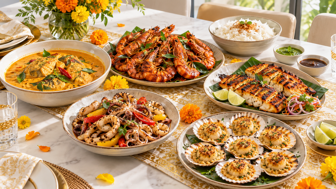 Bright Deepavali sharing table with fish curry, masala prawns, grilled fish, pepper squid, and scallops