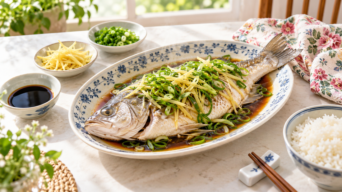 Bright home-style steamed whole fish with ginger and spring onion on a familiar floral serving plate