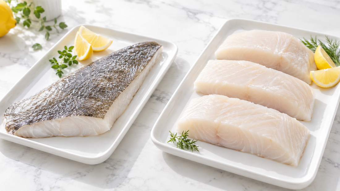 Bright comparison of a whole skin-on halibut fillet and three prepared halibut portions
