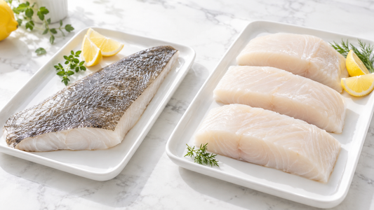 Bright comparison of a whole skin-on halibut fillet and three prepared halibut portions