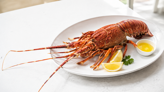 Bright plated whole cooked green spiny lobster with lemon and melted butter