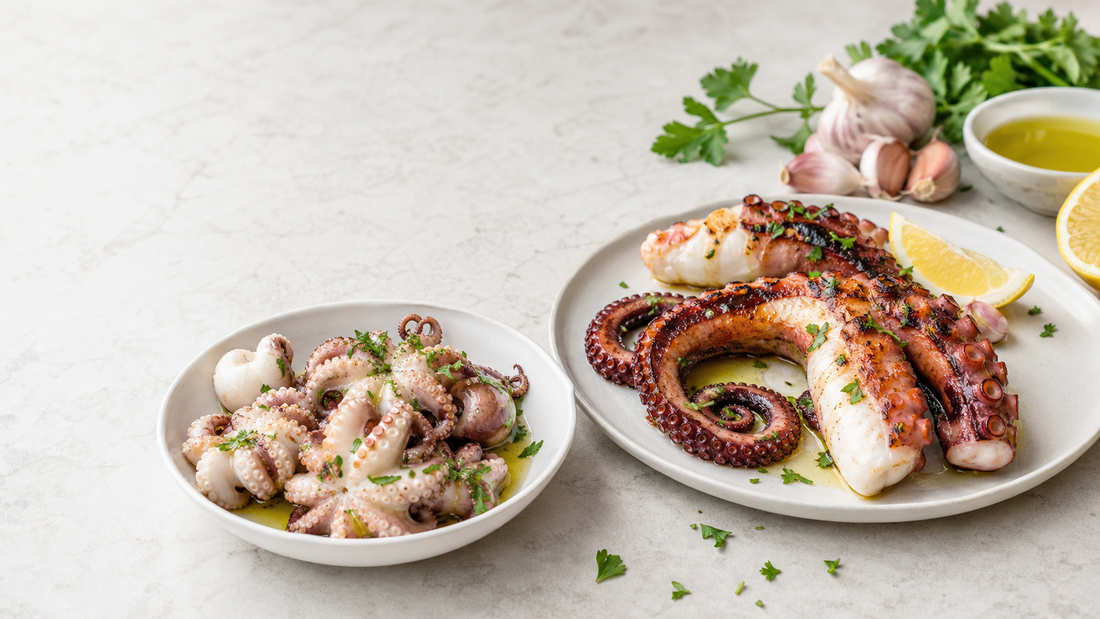 Baby octopus and grilled octopus tentacles served with lemon, garlic, parsley, and olive oil
