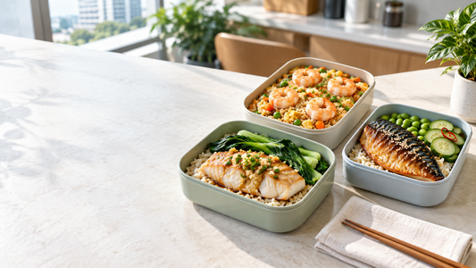 Three bright office-friendly seafood lunches with white fish, prawn fried rice, and glazed saba