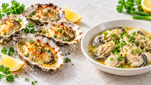 Whole-shell baked oysters and cooked shucked oyster meat
