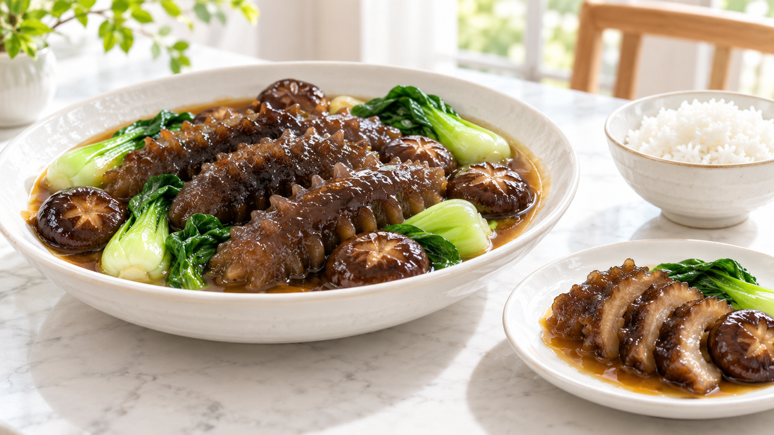 Bright family-style braised sea cucumber with shiitake mushrooms and bok choy