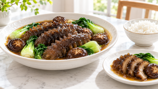 Bright family-style braised sea cucumber with shiitake mushrooms and bok choy