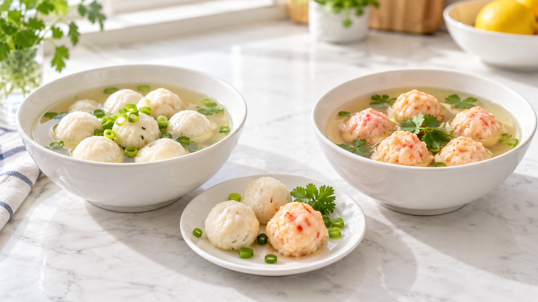 Bright bowls of ivory cuttlefish balls and pale coral lobster balls in clear broth