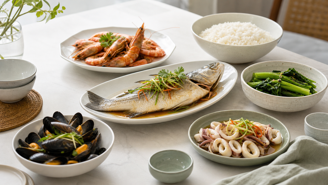 Portioned seafood spread with steamed fish, prawns, mussels, squid, rice, and vegetables