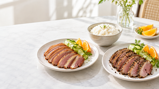 Bright plates of original and black pepper smoked duck with rice, cucumber, and orange
