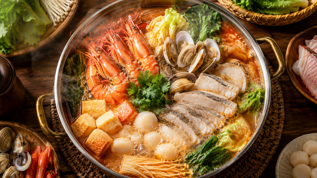 A bubbling Singapore-style seafood steamboat filled with prawns, clams, fish slices, scallops and vegetables