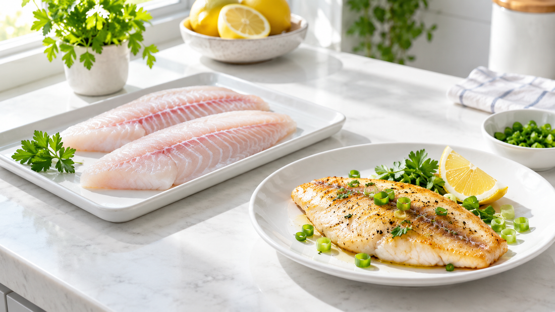 Bright raw silver tilapia fillets beside a simply pan-cooked tilapia fillet with lemon and spring onion