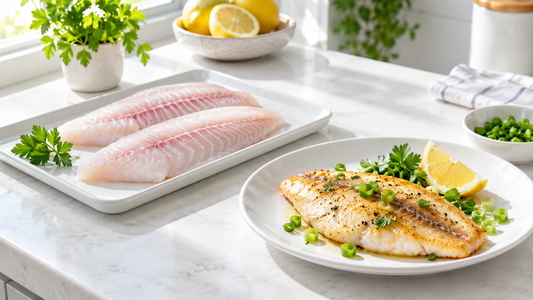 Bright raw silver tilapia fillets beside a simply pan-cooked tilapia fillet with lemon and spring onion