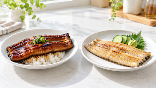 Bright side-by-side plates of glossy kabayaki unagi over rice and pale grilled shirayaki unagi with cucumber