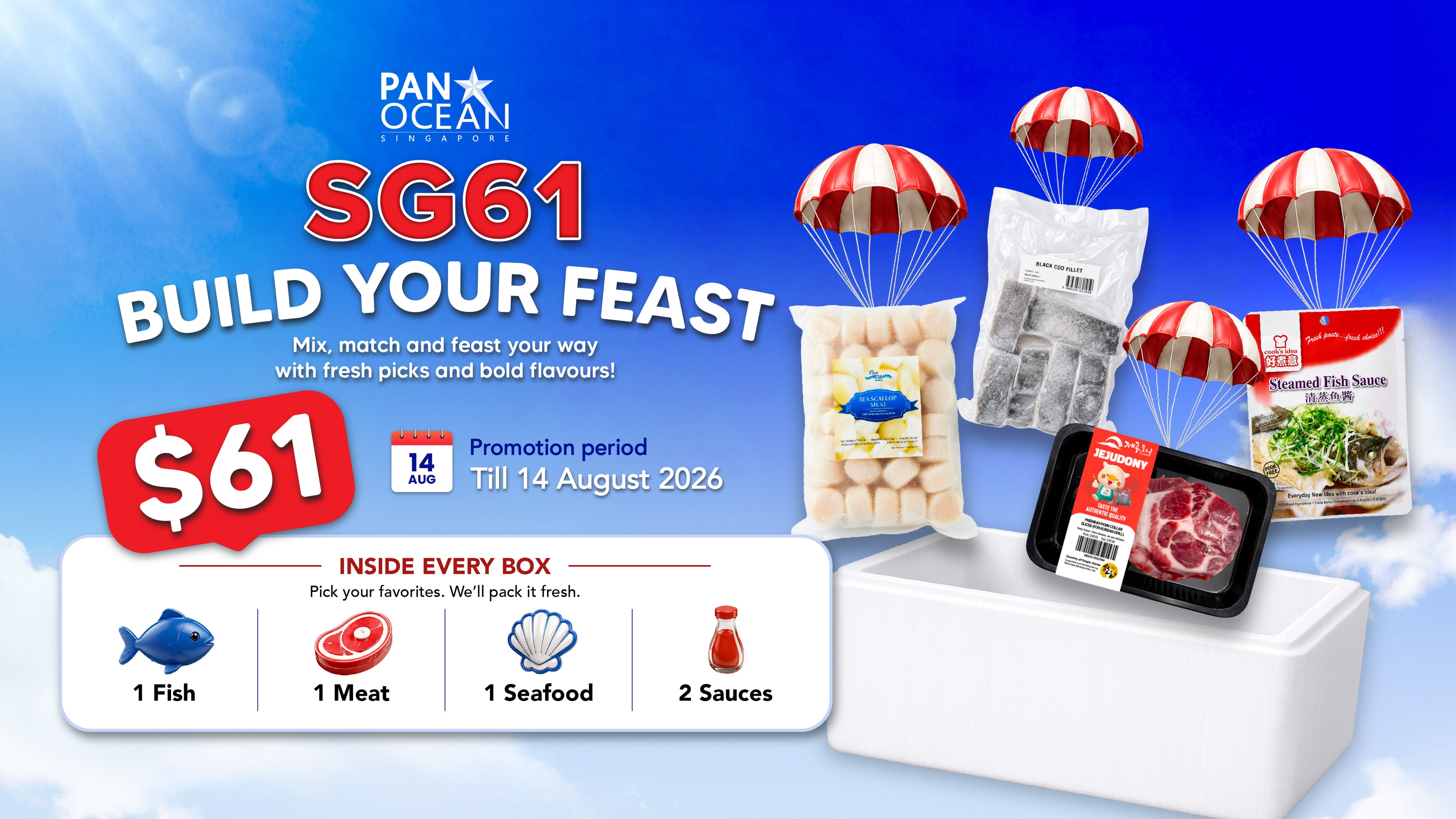 Promotional banner for Pan Ocean Food Delivery SG61 meal deal, featuring a white styrofoam box with packaged seafood and meats, red-and-white striped parachutes above bags of ingredients, and text offering $61 for a meal box with fish, meat, seafood, and sauces.