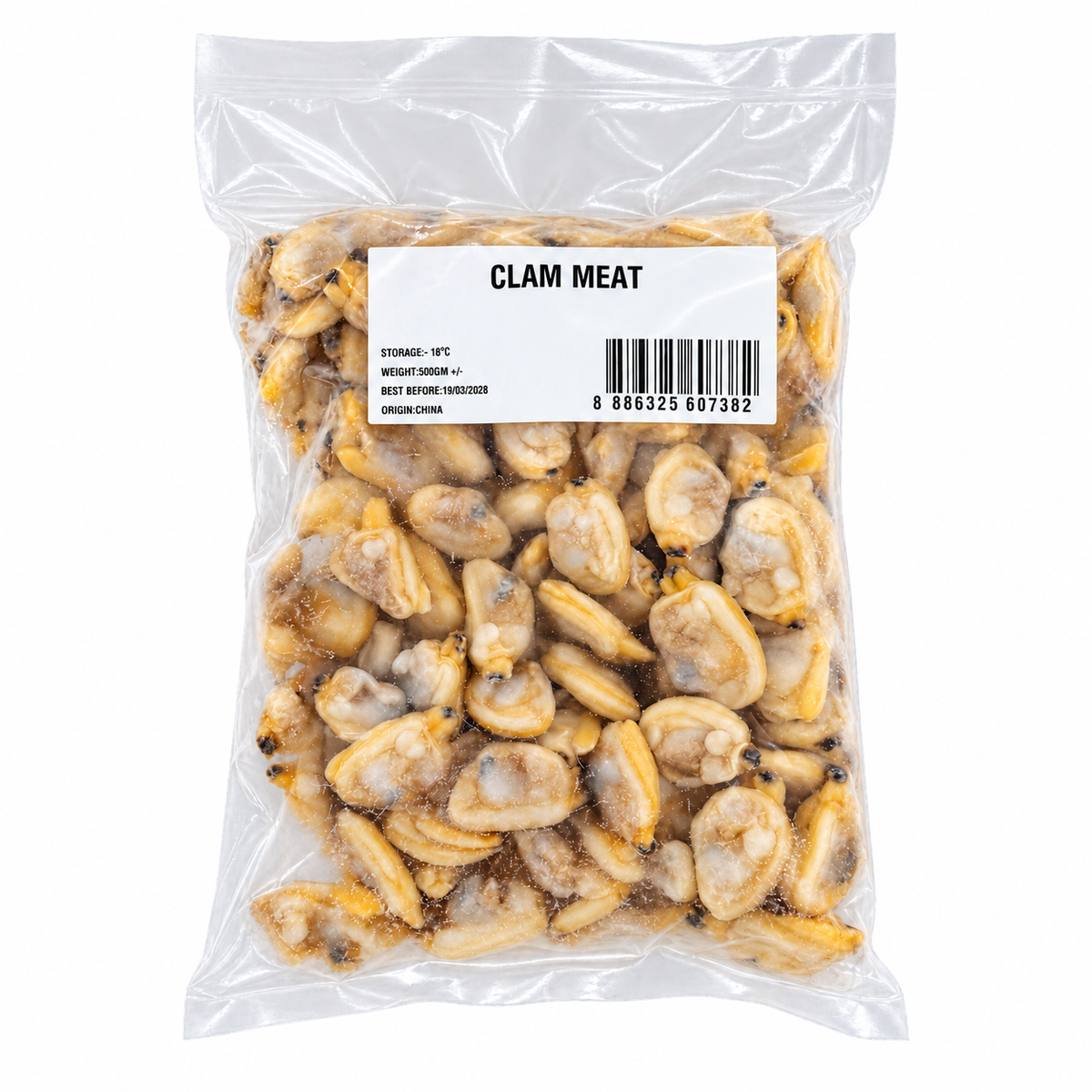 Frozen Clam Meat (500g +/-) — product packaging on white
