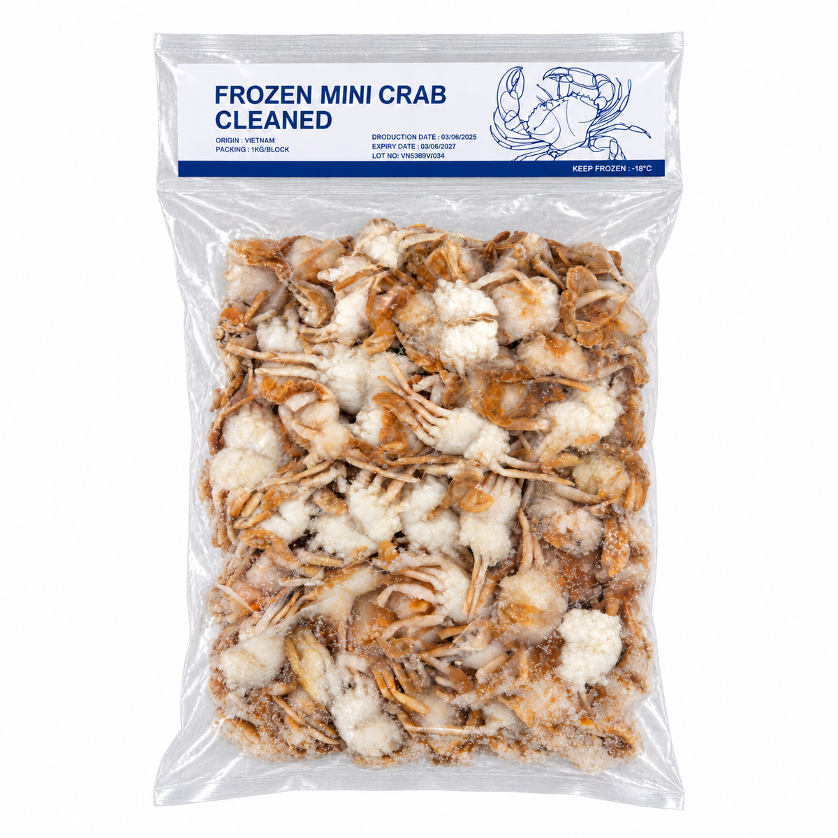 Frozen Uncooked Mini Crab 1KG +/- — product packaging on white