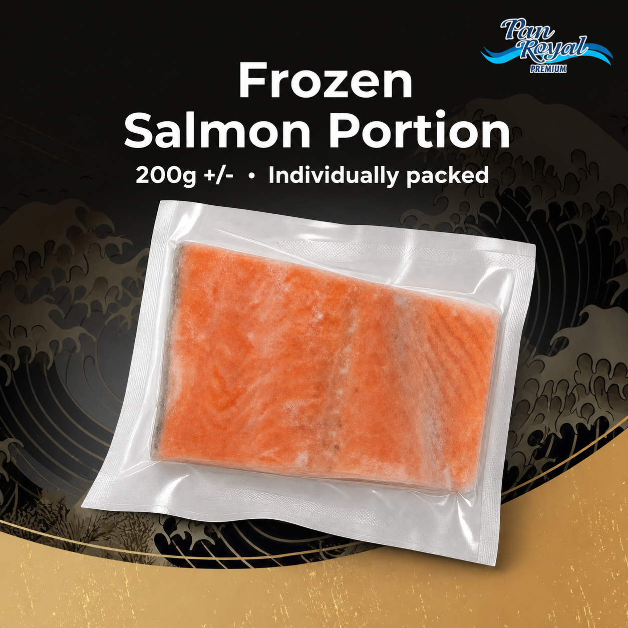 Frozen Salmon Portion 200g individually packed with Pan Royal Atlantic salmon background