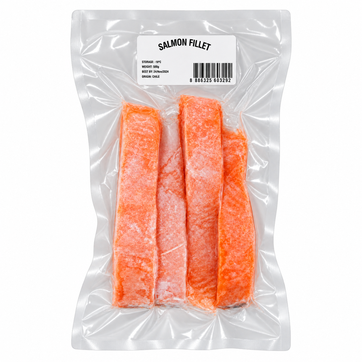 Frozen Chile Atlantic Salmon Fillet (500g +/-) — product packaging on white