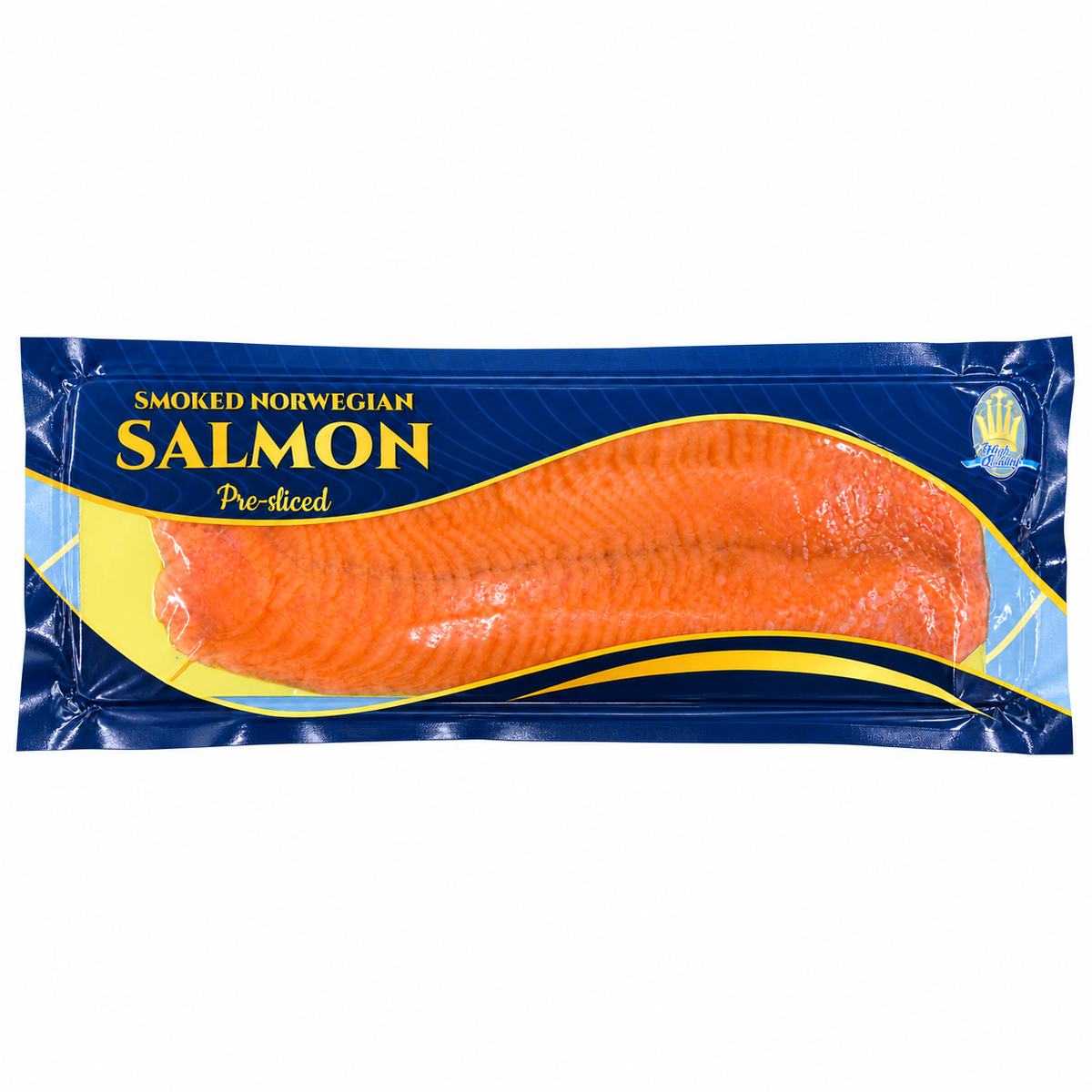Frozen Smoked Norwegian Salmon (900g +/-) Pre-sliced — product packaging on white