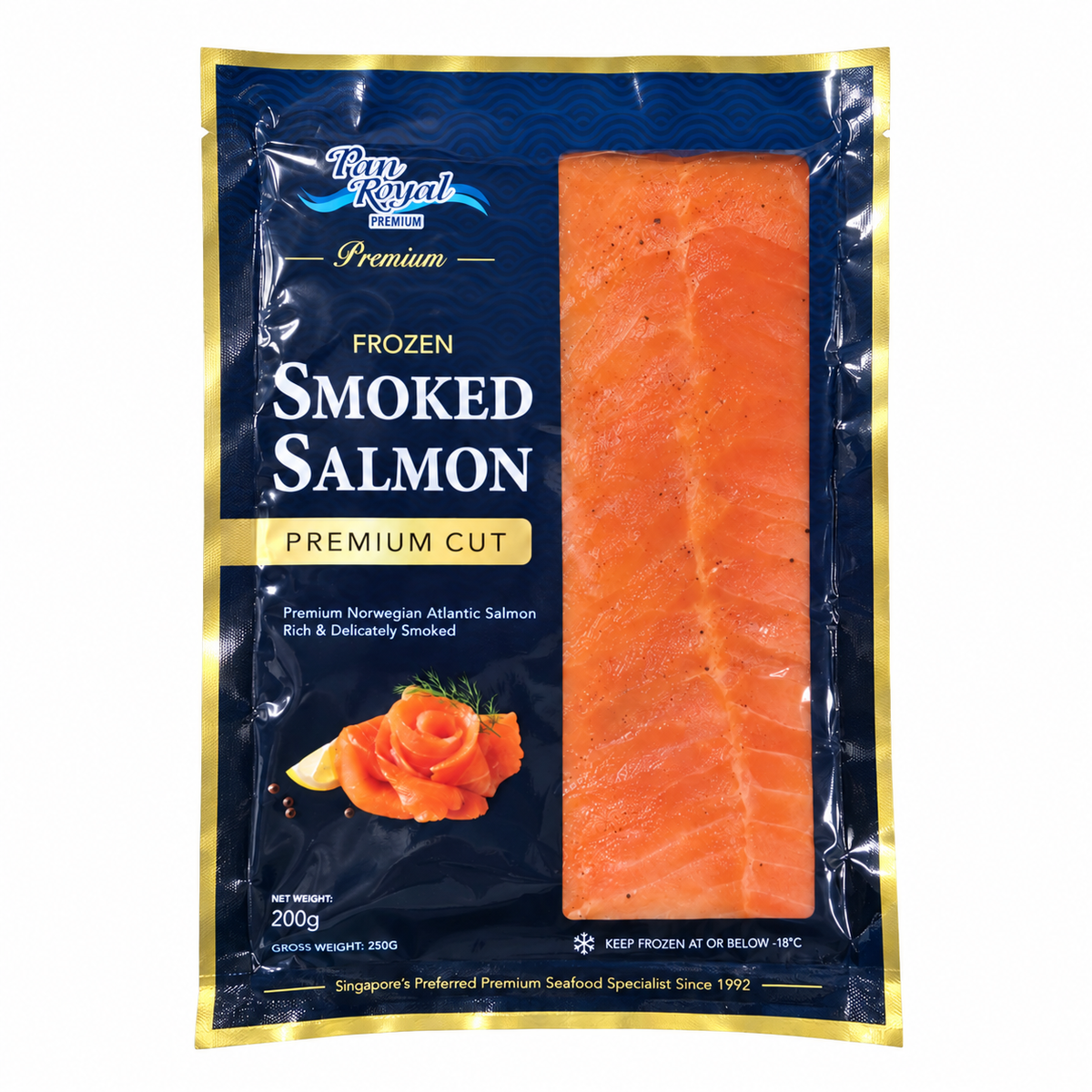 Frozen Smoked Salmon Pre Cut (Nett 200g) — product packaging