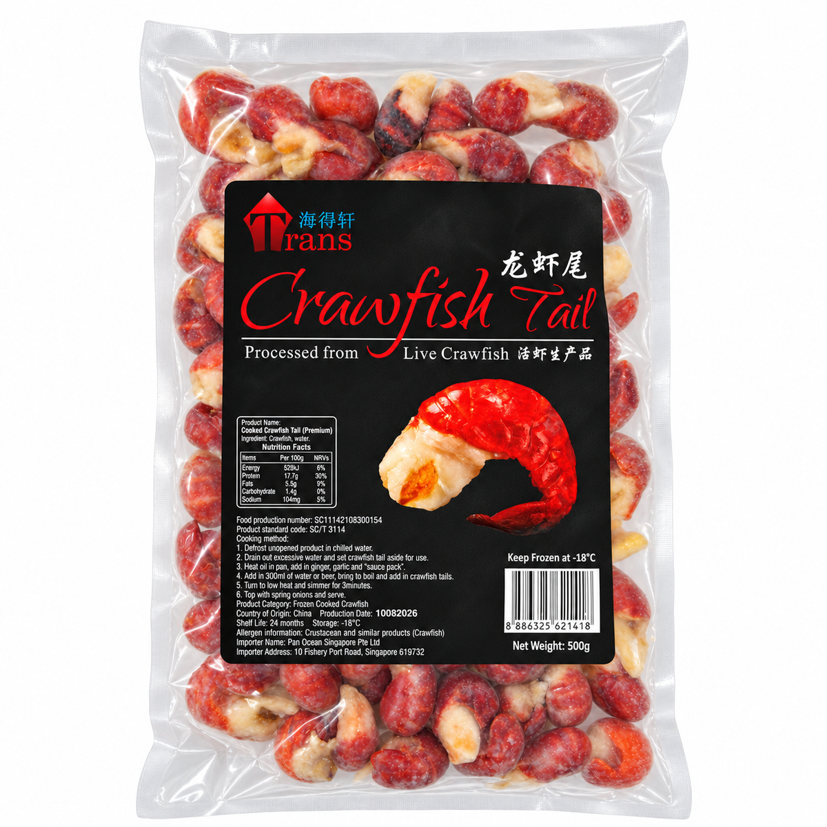 Frozen Blanched Crawfish Tail (500g +/-) — product packaging on white