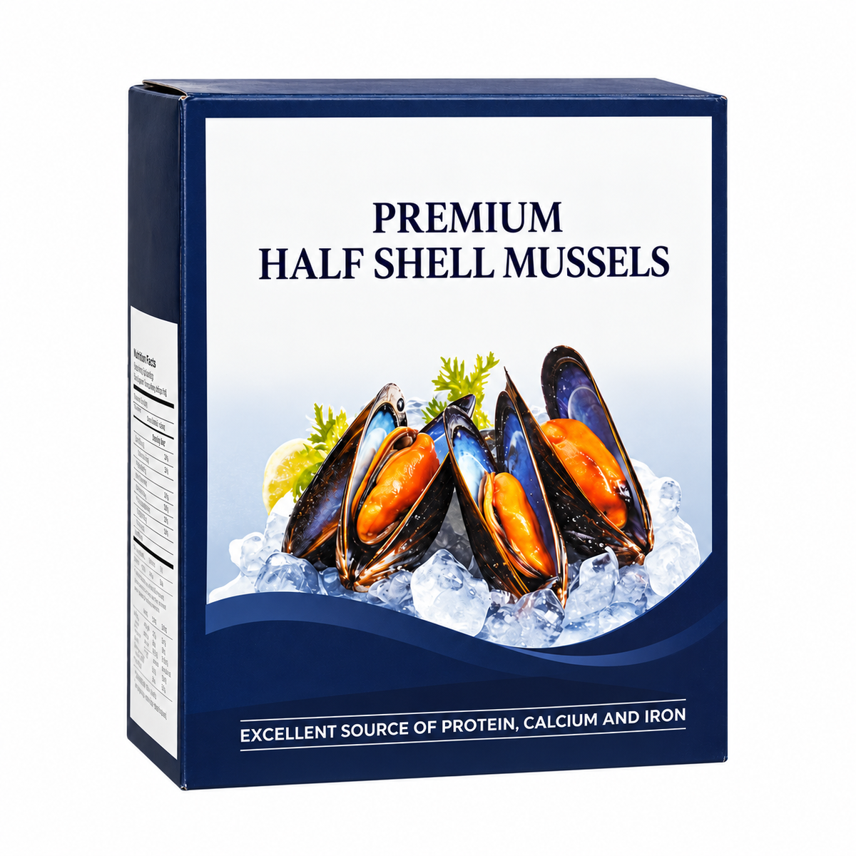 Frozen Half Shell Mussel (907g +/-) — product packaging on white