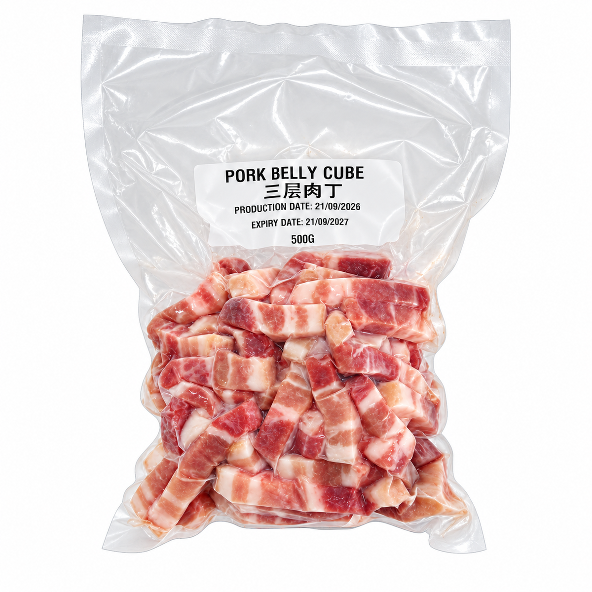 Frozen Pork Belly Cube (500g +/-) — product packaging on white
