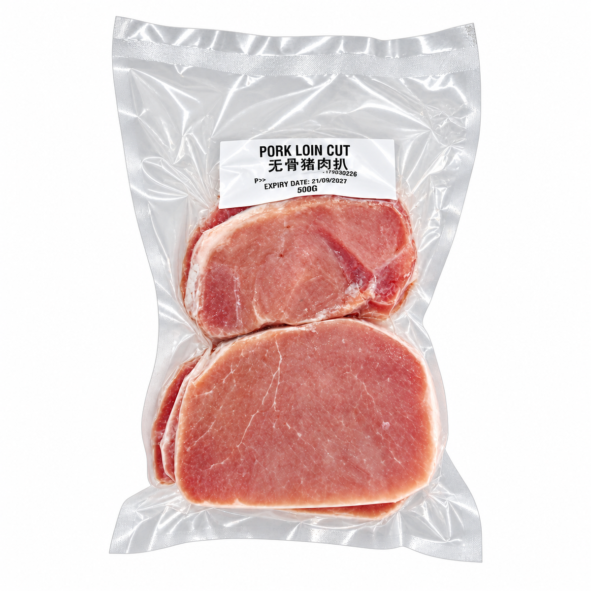 Frozen Pork Loin Chop (500g +/-) — product packaging on white