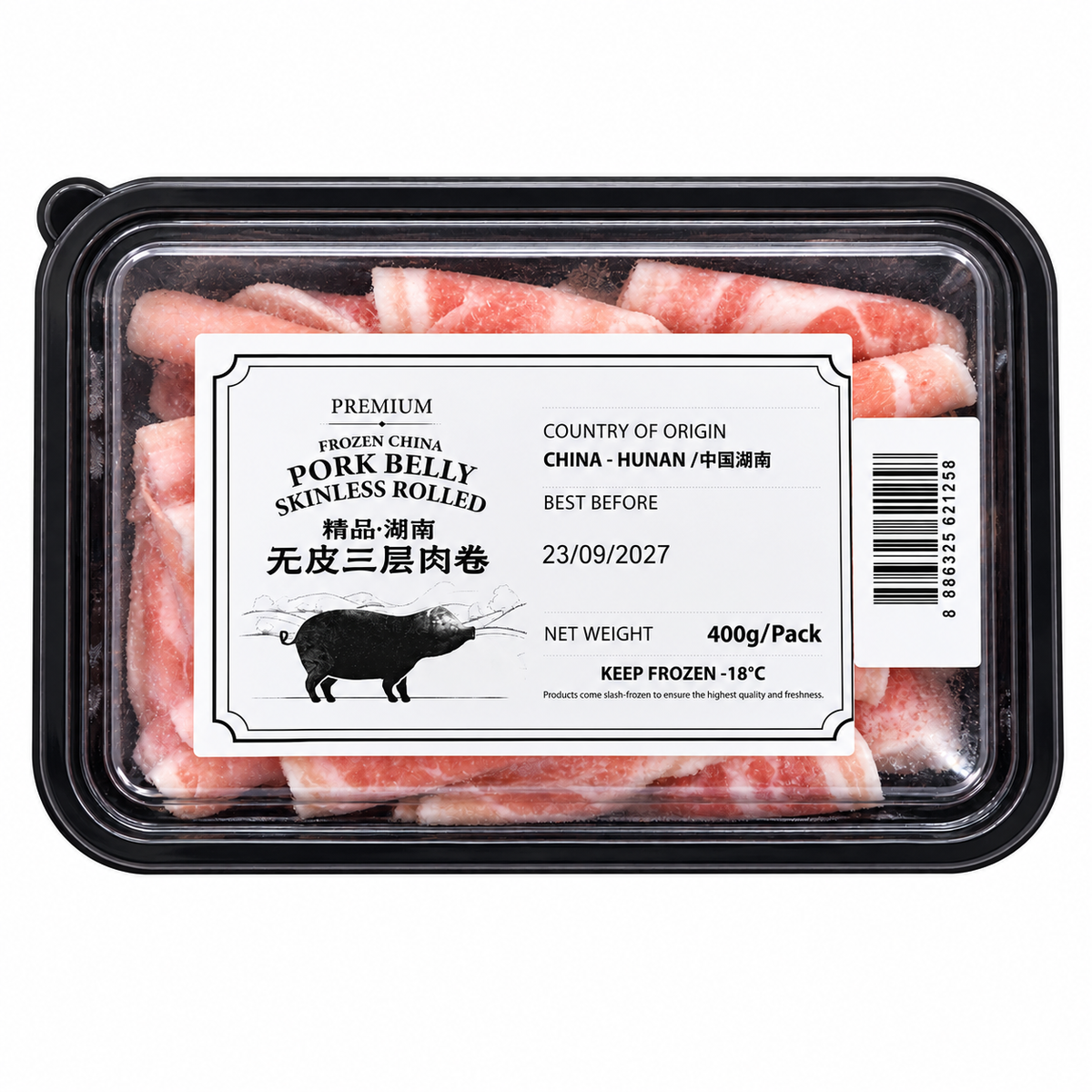 Frozen Pork Belly Roll 400g packaging