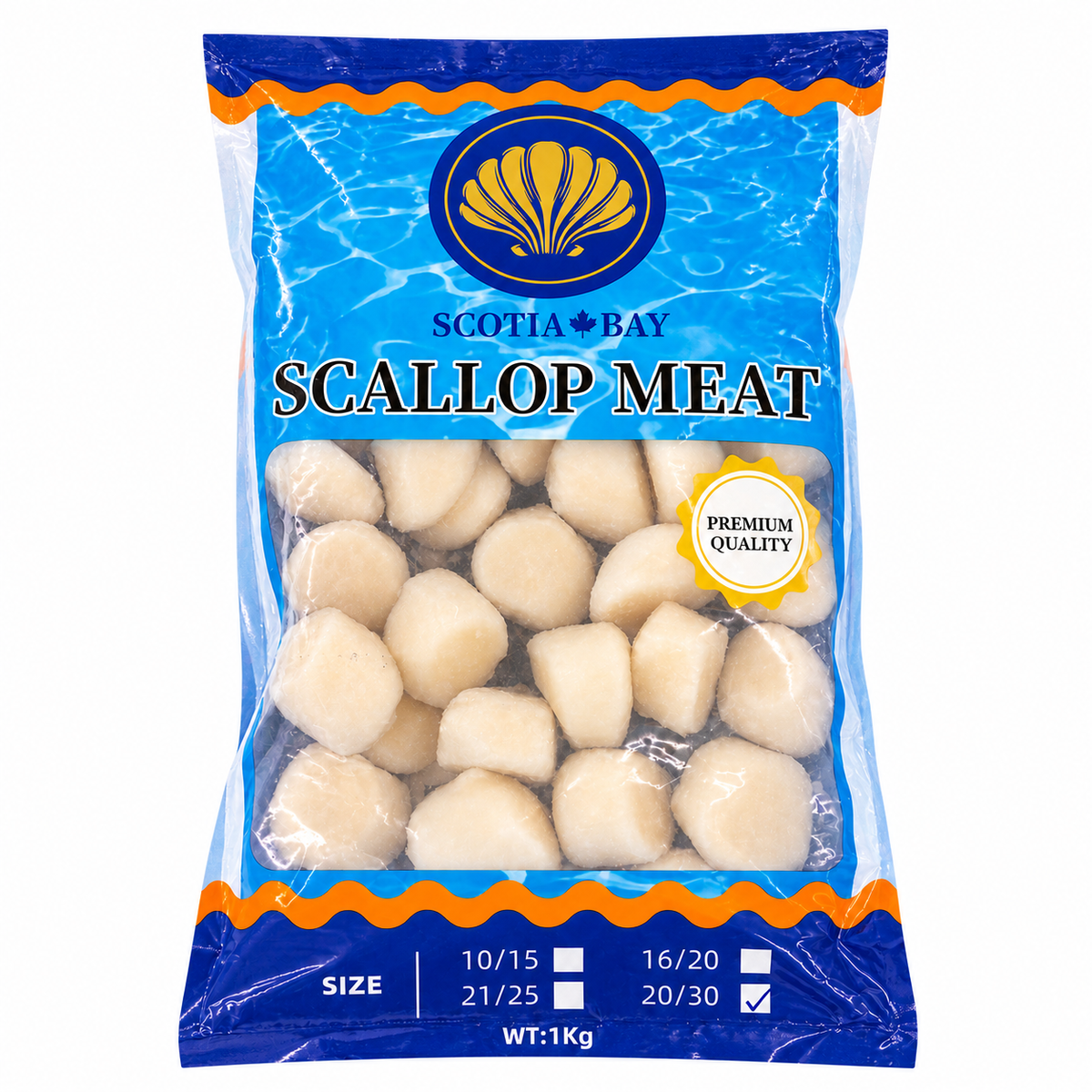 Frozen Canada Scotia Bay Scallop Meat (1kg +/-) — product packaging on white