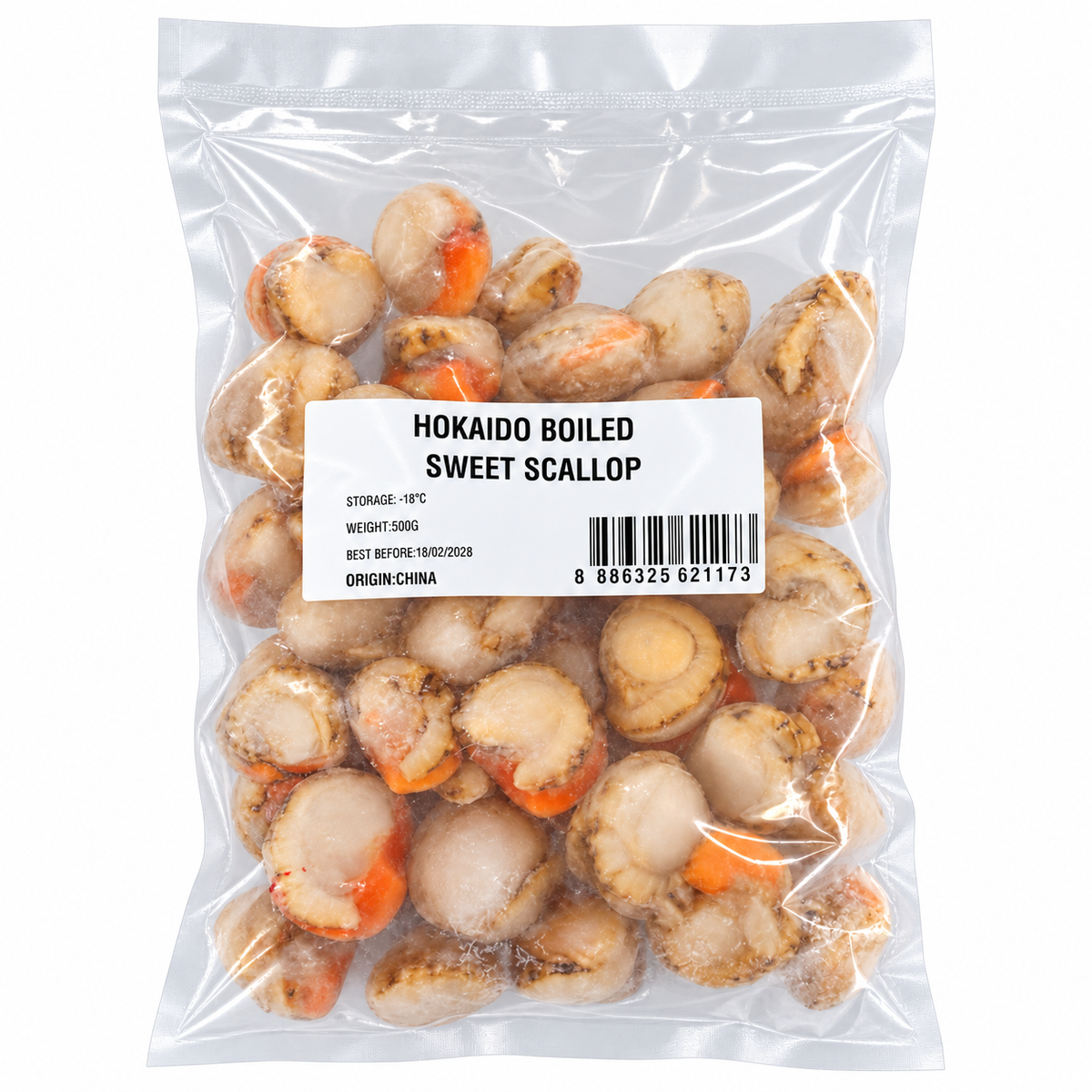 Frozen Hokkaido Boiled Scallop (500g +/-) — product packaging on white
