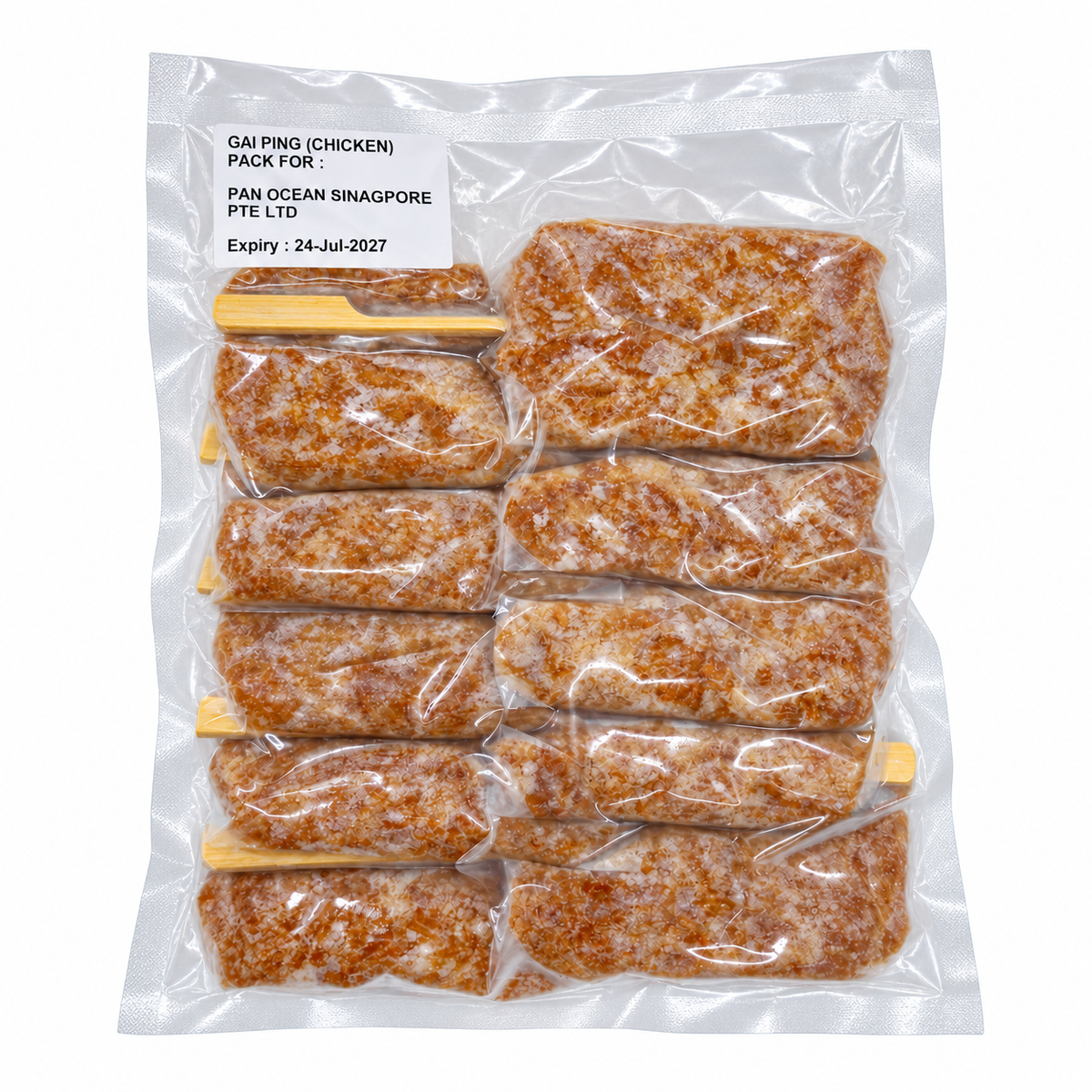 Frozen Gai Ping (Thai Grilled Chicken) 10 sticks — product packaging on white