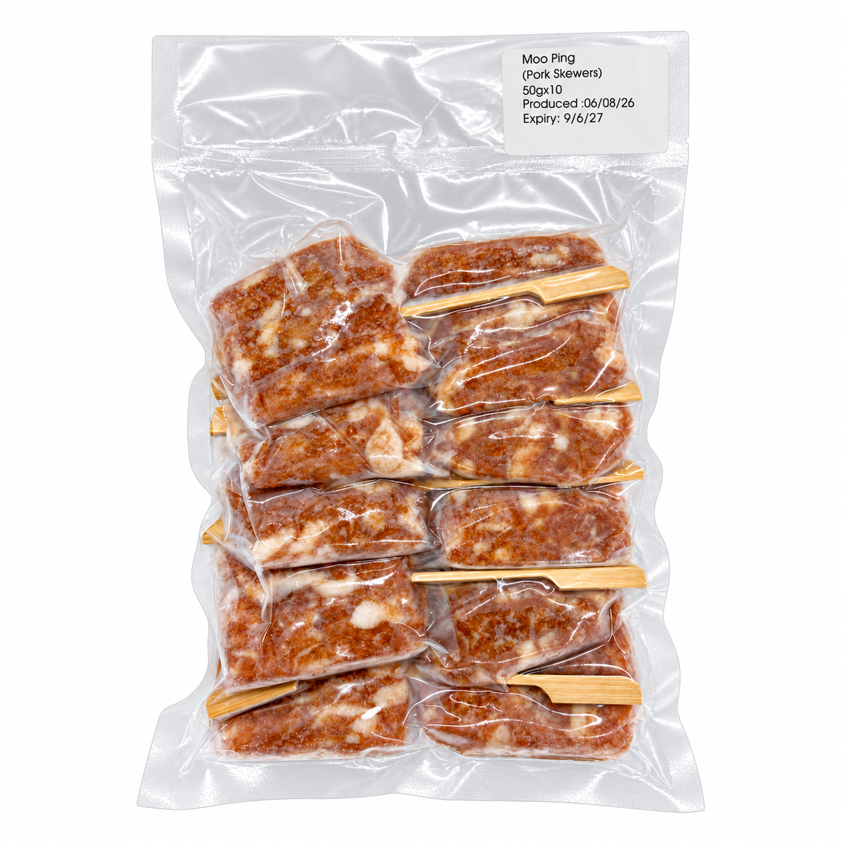 Frozen Moo Ping (Thai Grilled Pork) 10 sticks (Enhance Flavor) — product packaging on white