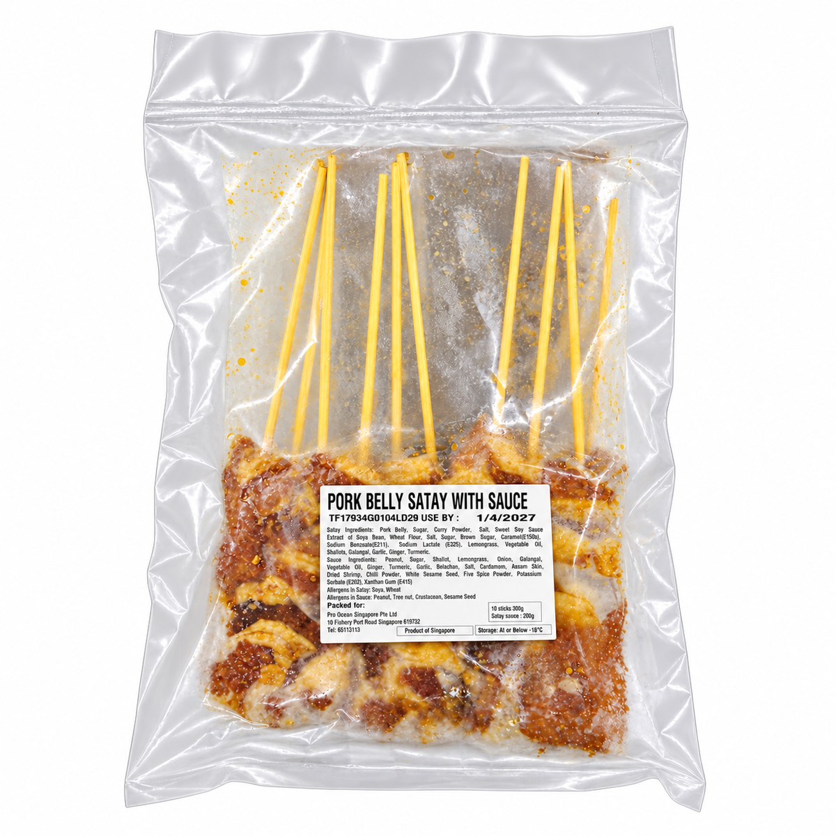 Frozen Pork Belly Satay Stick with Sauce 10 pcs — product packaging on white