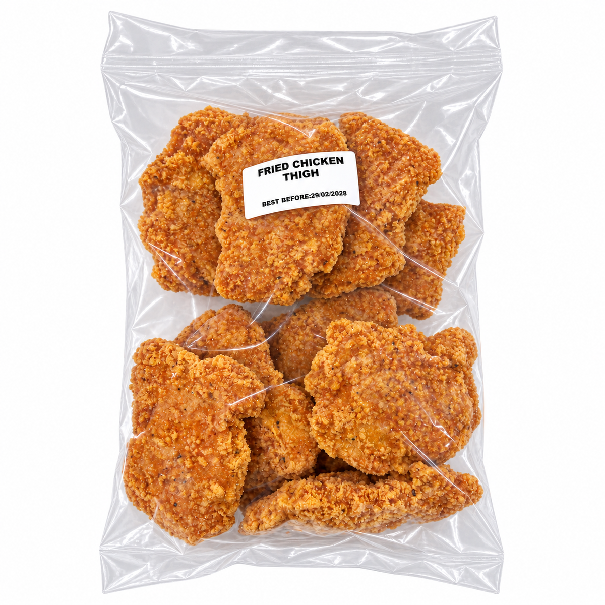 Frozen Fried Chicken Thigh Spicy (800g +/-) — product packaging on white