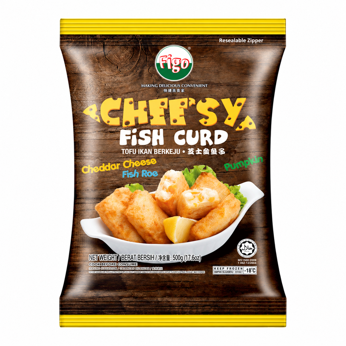 Frozen Cheesy Fish Curd Seafood (500g +/-) — product packaging on white