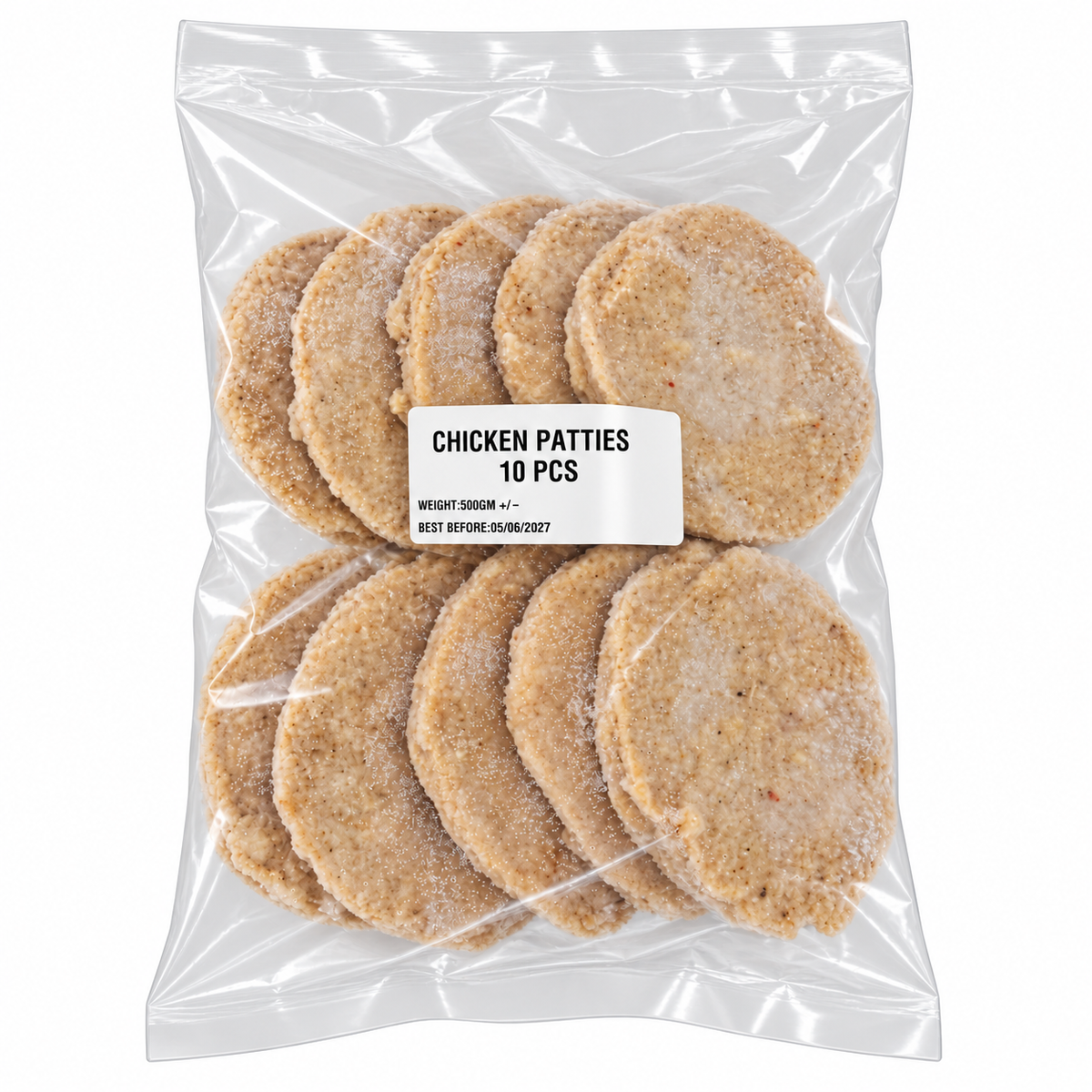Frozen Chicken Patties (10 pcs) — product packaging on white