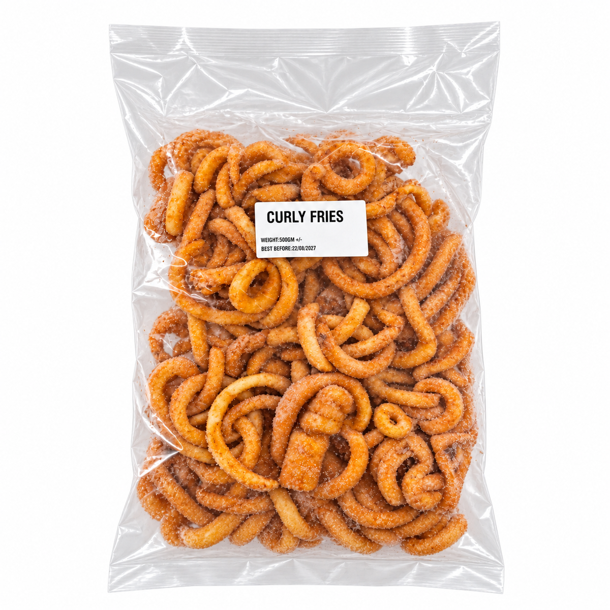 Frozen Curly Fries (500g +/-) — product packaging on white