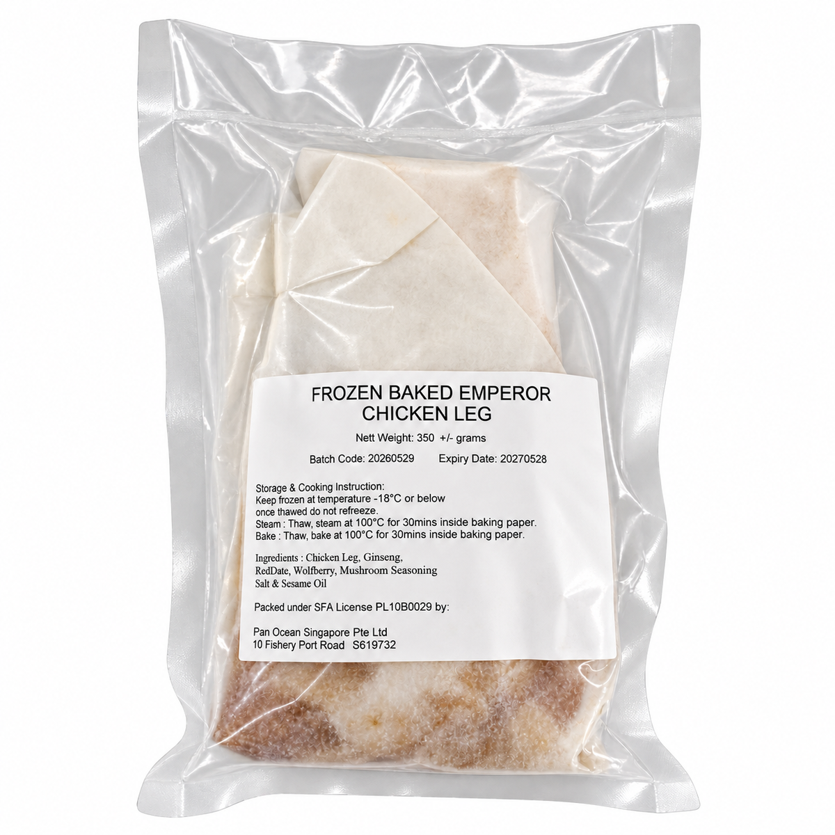 Frozen Baked Emperor Chicken Leg 350g +/- — product packaging on white