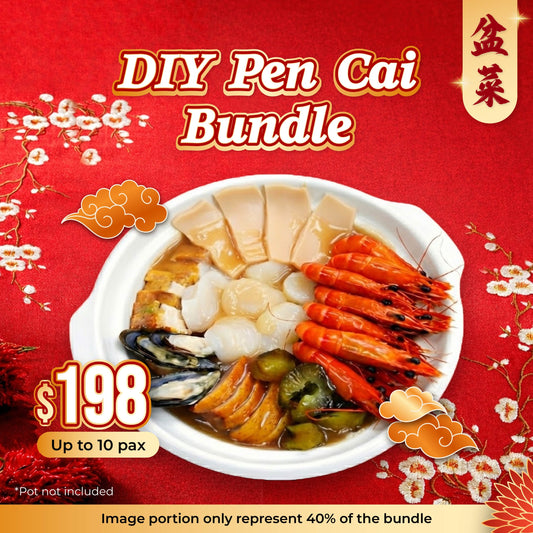 Promotional image of a DIY Pen Cai Bundle with seafood on a red background