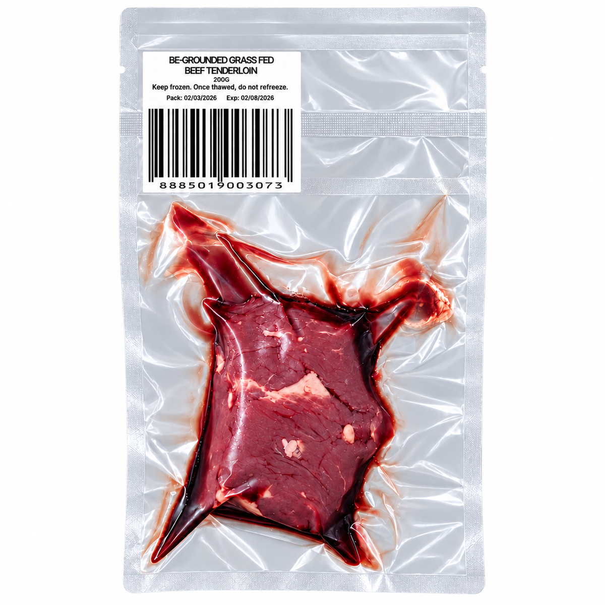 Frozen Be-Grounded Grass Fed Aust Beef Tenderloin 200g ± — product packaging on white background